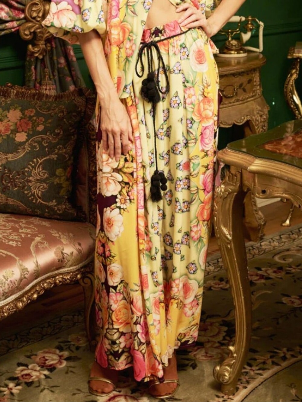 Aratta Venera Golden Night Floral Pants Yellow XS New